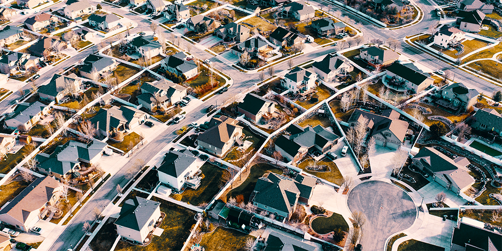 Bird's eye view of neighborhood homes on Google Street View.