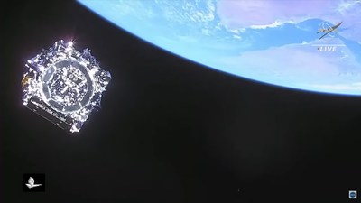 NASA's James Webb Space Telescope is seen above Earth after separating from its Ariane 5 rocket on Dec. 25, 2021. The view is from a camera on the rocket as Webb begins its trip to its final orbit about 1 million miles from Earth.
