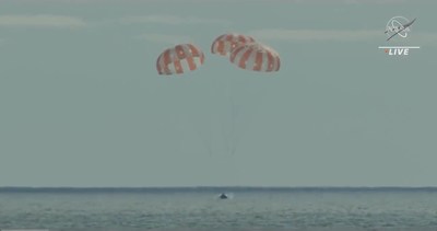 NASA's Orion spacecraft shown splashing down in the Pacific Ocean, west of Baja California, at 9:40 a.m. PST Sunday, Dec. 11.