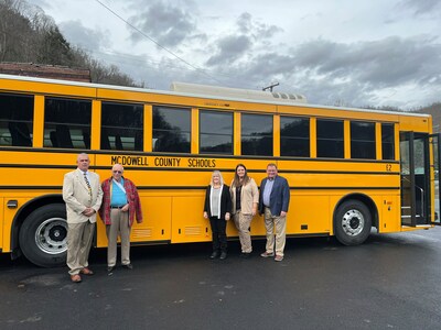 McDowell County Schools taking delivery of a GreenPower BEAST all-electric purpose-built school bus. In the photo are Adam Grygiel,  Director of Transportation; Mike Callaway, Board of Education President; Georgia West, Board of Education Vice President; Amanda Peyton, Assistant Superintendent and GreenPower Motor Vice President Mark Nestlen.