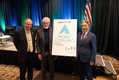 Mayor R. Rex Parris, Mayor Eiko Yoshida, and Mayor Mitch Roth formalize the Pacific Hydrogen Alliance to promote sustainable energy solutions and hydrogen production as an alternative fuel source.