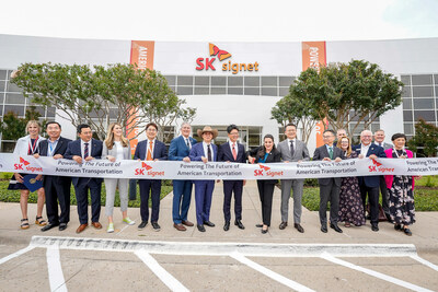 Adriana Cruz, Executive Director for Texas Economic Development & Tourism, cuts the ribbon on Monday, June 5, to mark the opening of the SK Signet manufacturing facility in Plano, Texas. The new plant will make ultra-fast chargers for electric vehicles.