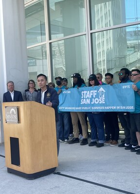 Assemblymember Alex Lee speaks at press conference held by San Jose city workers.