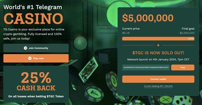 Telegram crypto gaming platform TG.Casino’s $TGC token launches today on the Uniswap decentralized exchange (PRNewsfoto/TG.Casino)