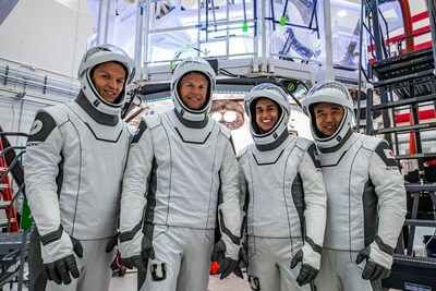 NASA’s SpaceX Crew-7 poses for a photo before their mission to the International Space Station. From left to right: Mission Specialist Konstantin Borisov, Pilot Andreas Mogensen, Commander Jasmin Moghbeli, and Mission Specialist Satoshi Furukawa. Credits: SpaceX