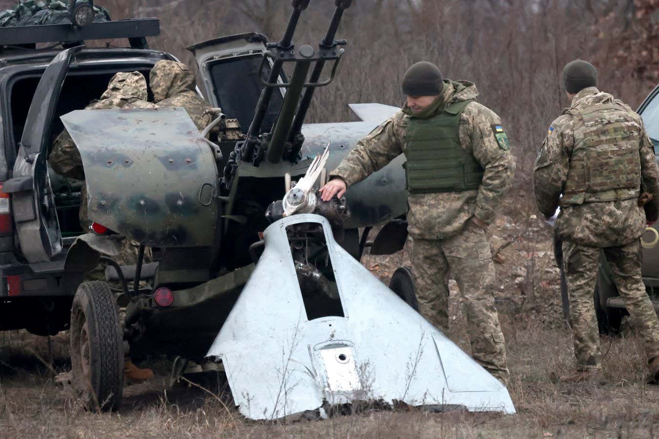 The remains of a destroyed attacking drone in Ukraine in January 2024