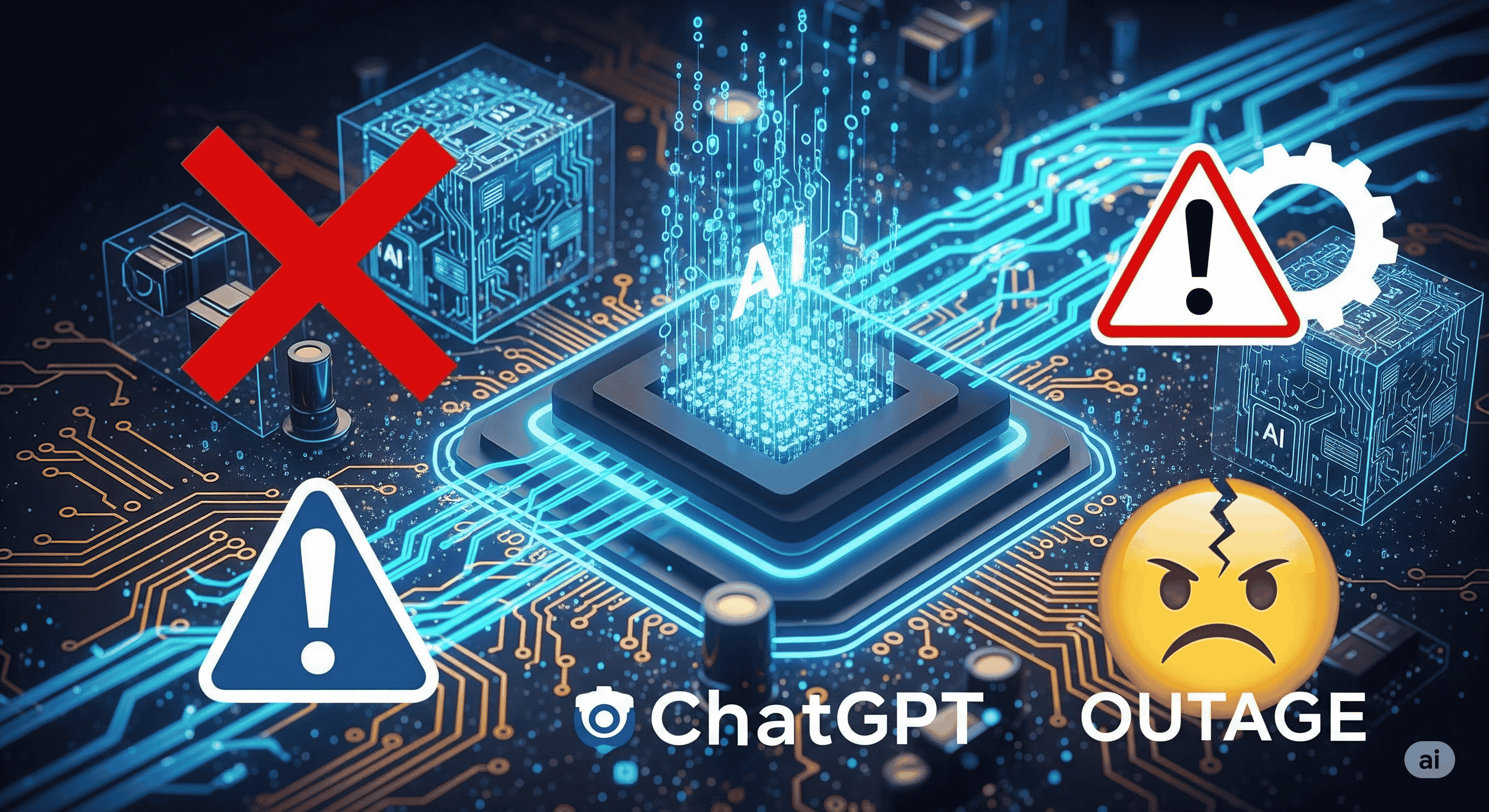 Stylized graphic showing a ChatGPT outage with AI and error symbols.