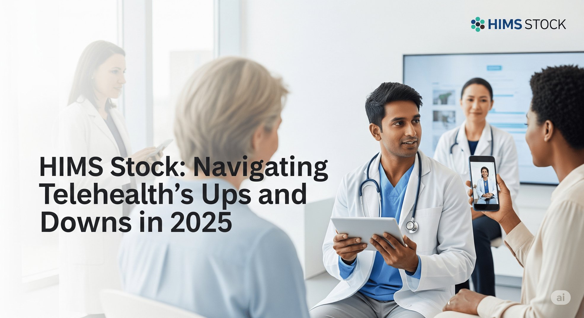 Image showing diverse people using telehealth services, with the HIMS Stock logo. The title 'HIMS Stock: Navigating Telehealth's Ups and Downs in 2025' is overlaid